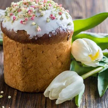 Easter egg panettone bread cake background Happy easter spring holiday tulip Stock Photos