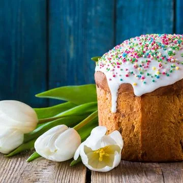 Easter egg panettone bread cake background Happy easter spring holiday tulip Stock Photos