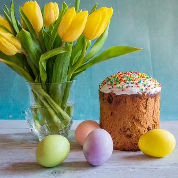 Easter egg panettone bread cake background Happy easter spring holiday tulip Stock Photos