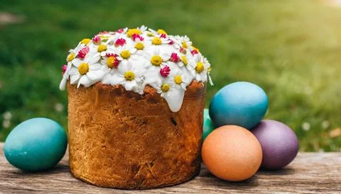 Easter egg panettone bread cake background Happy easter spring holiday tulip Stock Photos