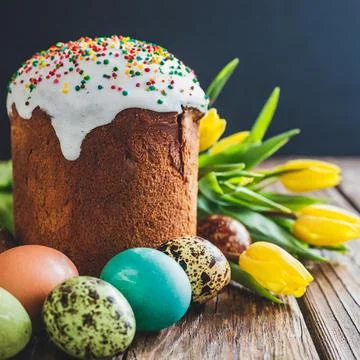 Easter egg panettone bread cake background Happy easter spring holiday tulip Stock-Fotos