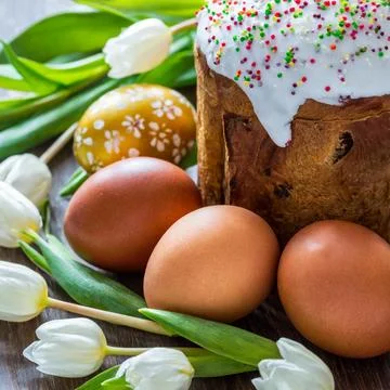 Easter egg panettone bread cake background Happy easter spring holiday tulip Stock Photos