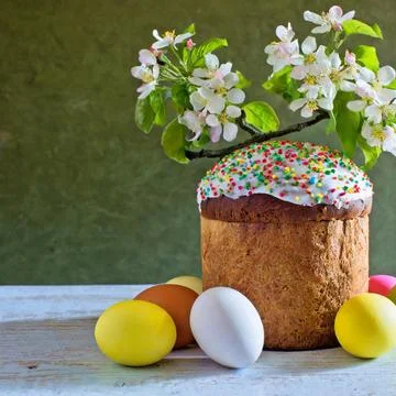 Easter egg panettone bread cake background Happy easter spring holiday tulip Stock Photos