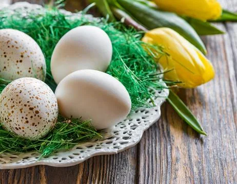 Easter egg panettone bread cake background Happy easter spring holiday tulip Stock Photos