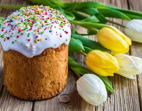 Easter egg panettone bread cake background Happy easter spring holiday tulip Stock Photos