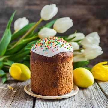 Easter egg panettone bread cake background Happy easter spring holiday tulip Foto stock