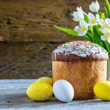 Easter egg panettone bread cake background Happy easter spring holiday tulip Stock Photos