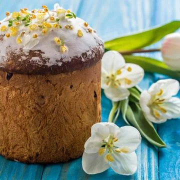 Easter egg panettone bread cake background Happy easter spring holiday tulip Stock Photos