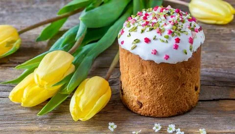 Easter egg panettone bread cake background Happy easter spring holiday tulip Stock Photos