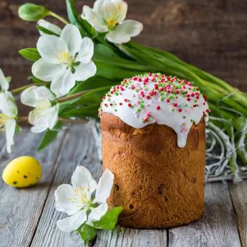 Easter egg panettone bread cake background Happy easter spring holiday tulip Stock Photos