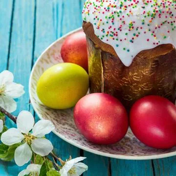 Easter egg panettone bread cake background Happy easter spring holiday tulip Stock Photos