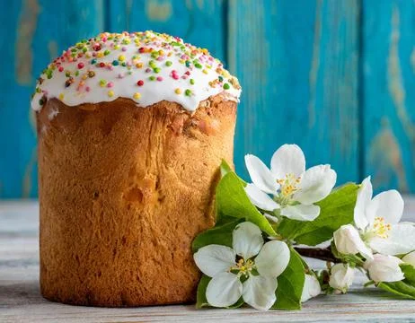 Easter egg panettone bread cake background Happy easter spring holiday tulip Stock Photos