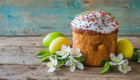 Easter egg panettone bread cake background Happy easter spring holiday tulip Stock Photos