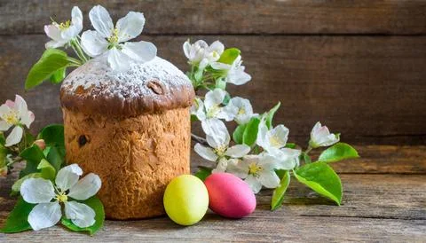 Easter egg panettone bread cake background Happy easter spring holiday tulip Stock Photos