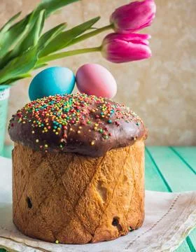 Easter egg panettone bread cake background Happy easter spring holiday tulip Stock Photos