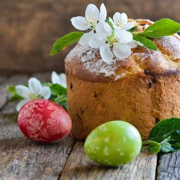 Easter egg panettone bread cake background Happy easter spring holiday tulip Stock Photos