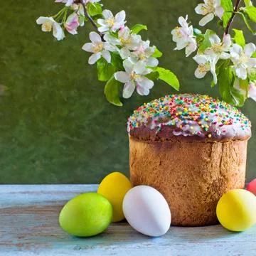 Easter egg panettone bread cake background Happy easter spring holiday tulip Stock Photos