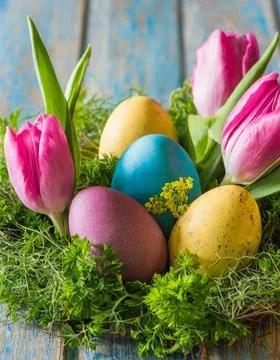 Easter egg panettone bread cake background Happy easter spring holiday tulip Stock Photos