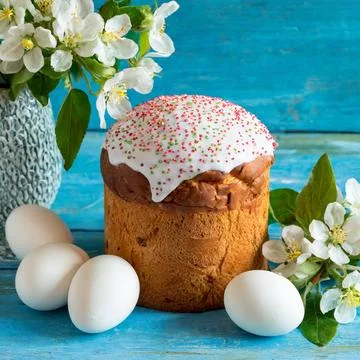 Easter egg panettone bread cake background Happy easter spring holiday tulip Stock Photos
