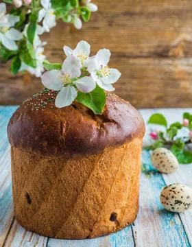 Easter egg panettone bread cake background Happy easter spring holiday tulip Stock Photos