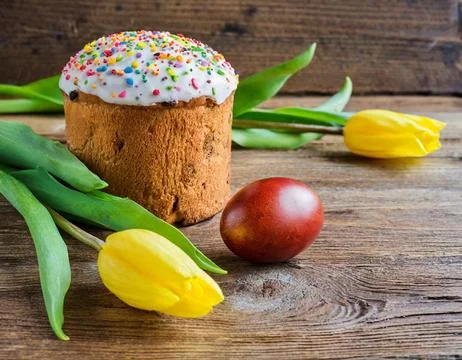 Easter egg panettone bread cake background Happy easter spring holiday tulip Stock Photos