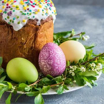 Easter egg panettone bread cake background Happy easter spring holiday tulip Stock Photos
