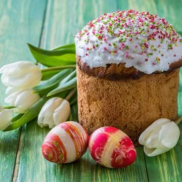 Easter egg panettone bread cake background Happy easter spring holiday tulip Stock Photos