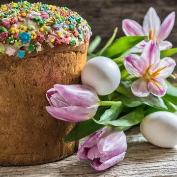 Easter egg panettone bread cake background Happy easter spring holiday tulip Stock Photos