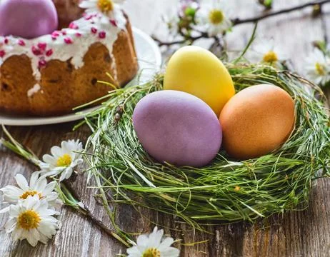 Easter egg panettone bread cake background Happy easter spring holiday tulip Stock Photos