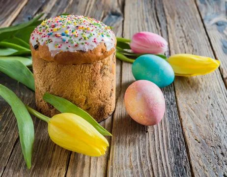 Easter egg panettone bread cake background Happy easter spring holiday tulip Stock Photos