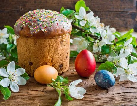 Easter egg panettone bread cake background Happy easter spring holiday tulip Stock Photos