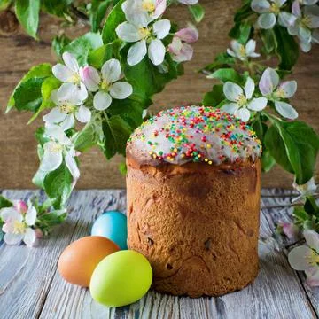 Easter egg panettone bread cake background Happy easter spring holiday tulip Stock Photos