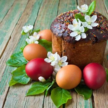 Easter egg panettone bread cake background Happy easter spring holiday tulip Stock Photos