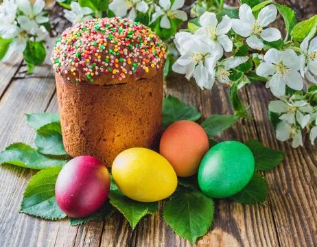 Easter egg panettone bread cake background Happy easter spring holiday tulip Stock Photos