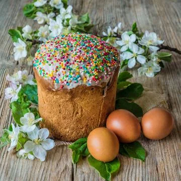 Easter egg panettone bread cake background Happy easter spring holiday tulip Stock Photos