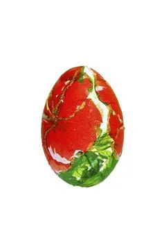 Easter egg with a pattern from a red flower and green leaves isolated on white Stock Photos