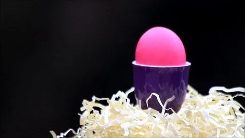 Easter Egg pink in purple egg cup, black background Video stock 80200175