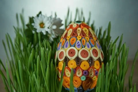Easter egg placed between frech green wheat germs and flowers Stock Photos