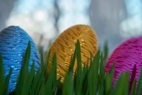 Easter egg placed between frech green wheat germs Stock Photos