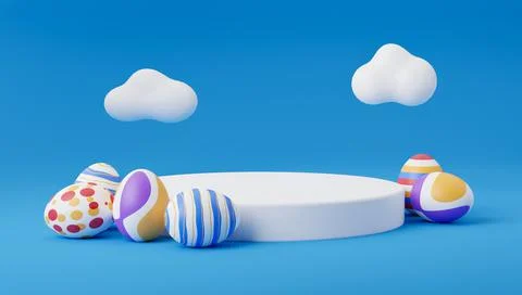 Easter egg on podium 3d render illustration on blue background. happy easter  스톡 일러스트