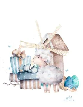 Easter egg poster design template. Cute watercolor sheep and mill with gift b Stock Illustration