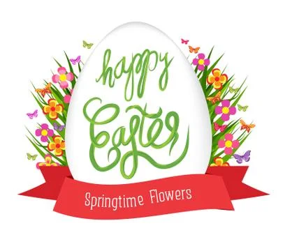 Easter egg poster with label. Springtime flowers Stock Illustration