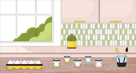 Easter egg preparation in kitchen line cartoon flat illustration Stock Illustration