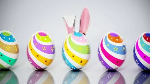 Easter egg with rabbit ears among multi colored easter eggs. 3D illustrati... Stock Photos