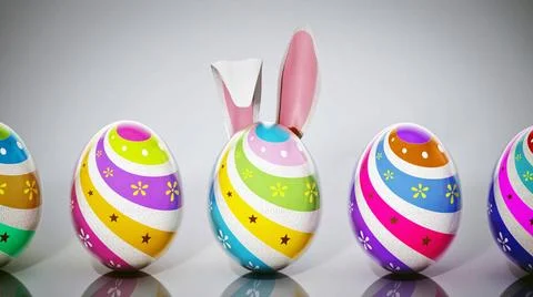 Easter egg with rabbit ears among multi colored easter eggs. 3D illustrati... Stock Photos