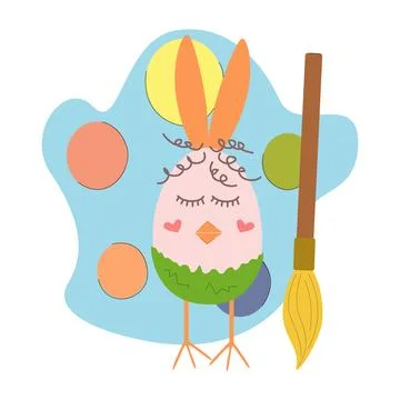 Easter egg with rabbit ears and chicken beak and legs with a big brush. Vec.. Ilustración de archivo