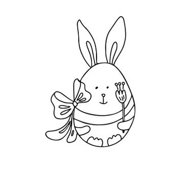 Easter egg with rabbit ears decorated with a bow in doodle style. Stock Illustration