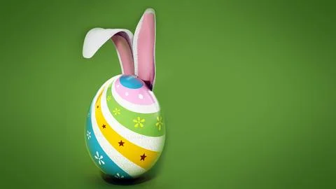 Easter egg with rabbit ears isolated on green background. 3D illustration Stock Illustration