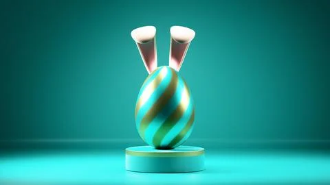 Easter egg in rabbit ears on a podium, turquoise blue background. Illustrazione stock