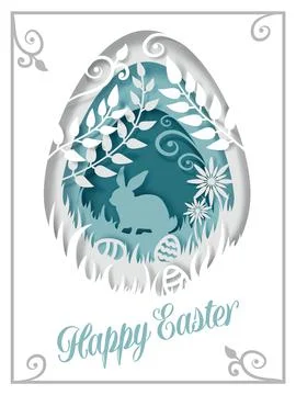 Easter egg with rabbit silhouette, flowers, leaves, vector paper cut Stock Illustration